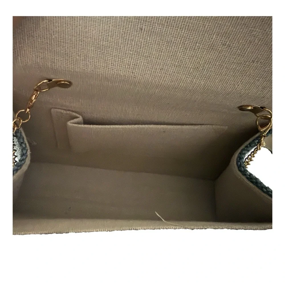 Savanna Blue Woven Purse with Bamboo Handle and Gold Tone Chain Strap NWT
